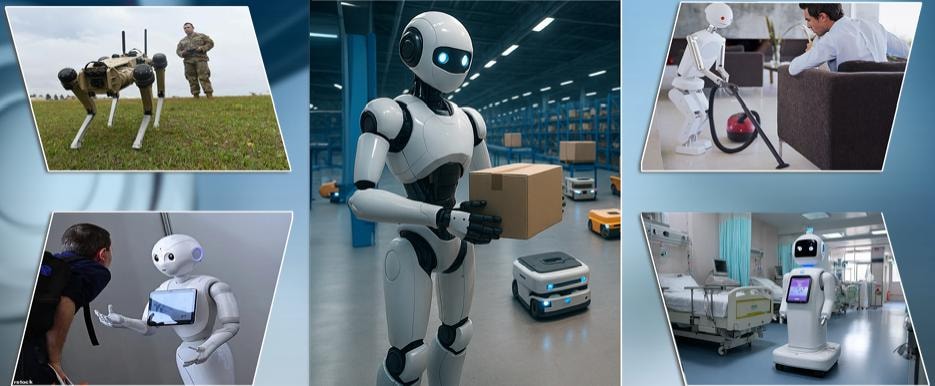 Security robots across sectors — military ground robots, home service robots, hospital robots, and bank security robots